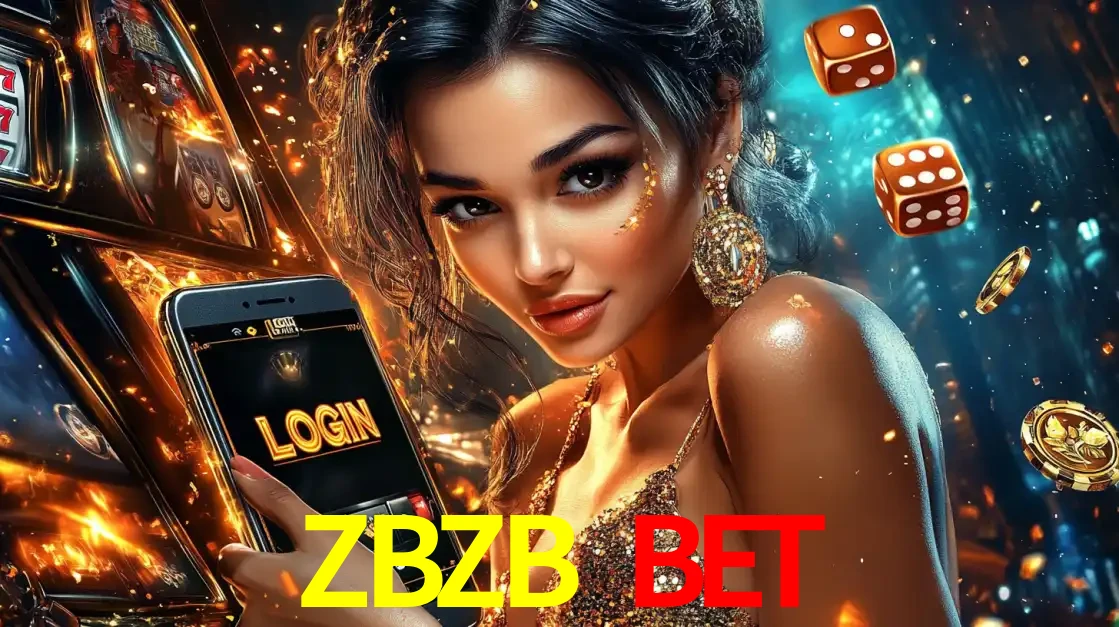 Mulher glamourosa segurando um celular com a tela de login do cassino ZBZB BET, rodeada por dados e moedas douradas, pronta para começar a diversão.