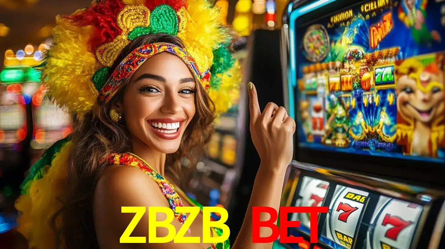 Mulher animada com um cocar de carnaval apontando para uma máquina de caça-níqueis, mostrando a emoção de ganhar um grande prêmio nos jogos do ZBZB BET.