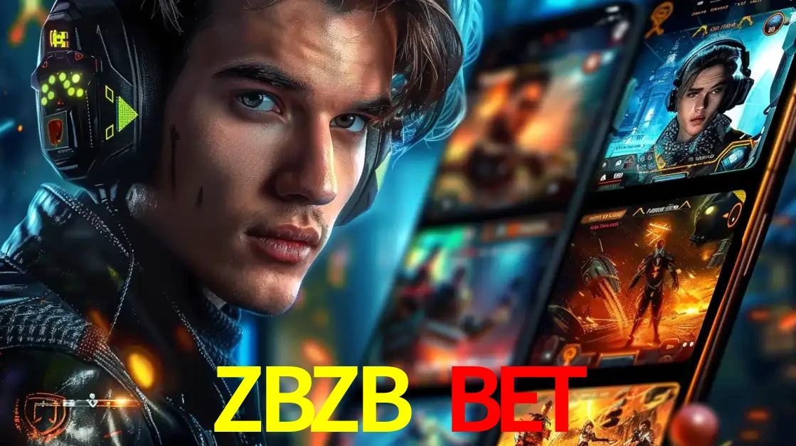 Jovem jogador com fones de ouvido olhando para a câmera, com um aplicativo de jogos e e-sports para celular ao fundo, pronto para a competição e apostas no ZBZB BET.