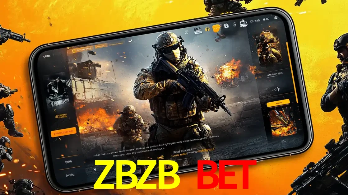 Um smartphone exibindo a interface de um jogo de tiro em primeira pessoa, com um soldado em um cenário de batalha, representando a ação dos e-sports para apostar no ZBZB BET.
