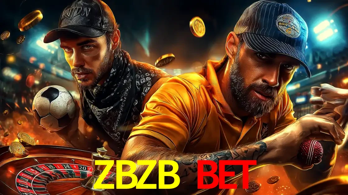 Montagem de apostas esportivas e cassino no ZBZB BET, com um homem segurando uma bola de futebol e outro uma de beisebol sobre uma roleta e moedas voadoras.