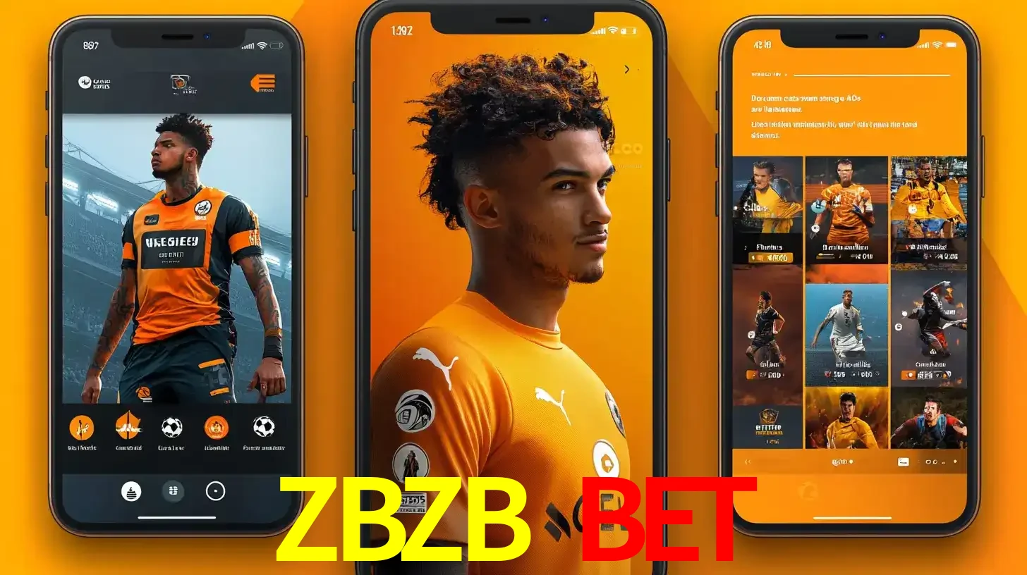 Interface do aplicativo de apostas esportivas ZBZB BET em três telas de celular, mostrando o perfil de um jogador de futebol e a lista de jogos disponíveis para apostar.