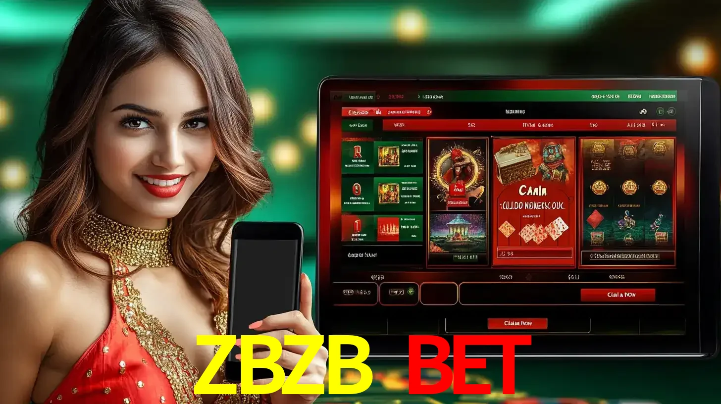 Mulher sorridente segurando um smartphone, ao lado de uma tela exibindo o lobby de jogos do cassino online ZBZB BET, com várias opções de jogos de cartas e slots.